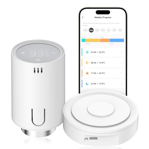 EMKE Kit de Inicio de termostato Inteligente para radiador, termostato Inteligente con función de aplicación, Compatible con Alexa y Google Assistant, termostato, Incluye Tuya Zigbee Gateway, M30 x