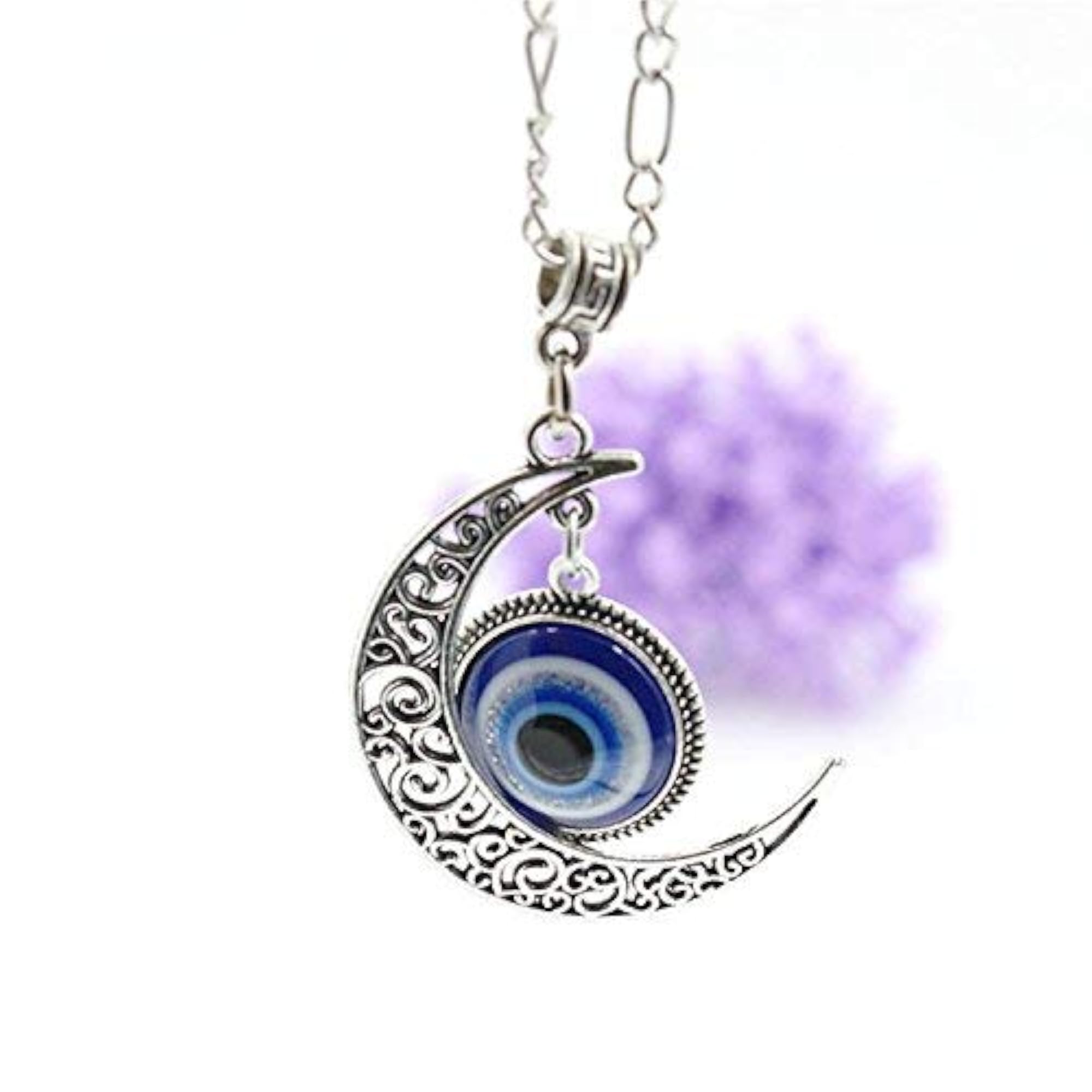 Evil Eye Crescent Moon Pendant Necklace, Turkish Design