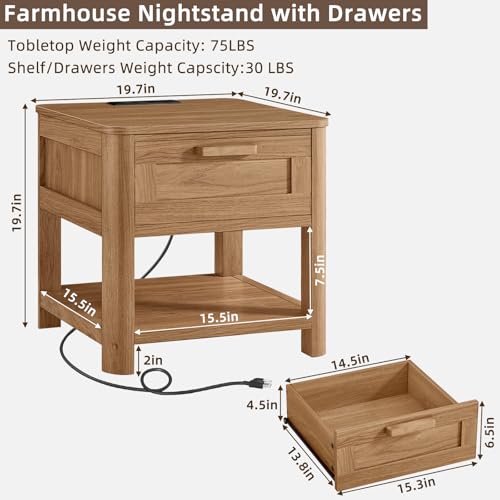 Image of Joaxswe Farmhouse Night Stand Set of 2 with Charging Station, Wood Bed Side Tables Bedroom Set of 2 with Drawer & Open Storage Shelf, Brown