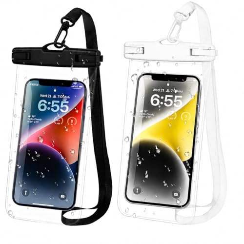 Image of Waterproof Phone Pouch, IPX8 Universal Waterproof Phone Case Dry Bag with Lanyard for iPhone 14 13 12 11 Pro Max XR X XS SE 8 Plus Samsung S23 S22 Ultra S21 S10 S9 up to 7 inch (Black and White)