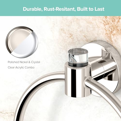 Image of Gatco 5722 Clarion Towel Ring, Polished Nickel, Wall-Mounted Bathroom Hand Towel Holder, Crystal-Clear Acrylic Modern Bathroom Accessory