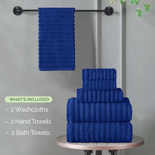 Image of Elegant Comfort 100% Turkish Cotton Corduroy Ribbed Luxury Bath Towels 6-Piece Set, Premium Feel - Quick Dry, Highly Absorbent, Contains 2 Bath Towels, 2 Hand Towels, and 2 Washcloths, Royal Blue