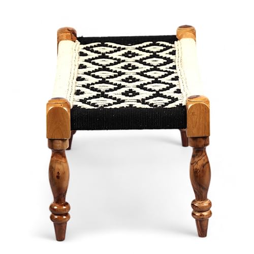 Image of Ikiriya Oakville Sheesham Wood 2 Seater Maachi Bench Wooden Patio Bench for Dining Room Garden and Living Room- Black & White Rope Canning (Teak Finish) - 17 x 36 x 16 Inch