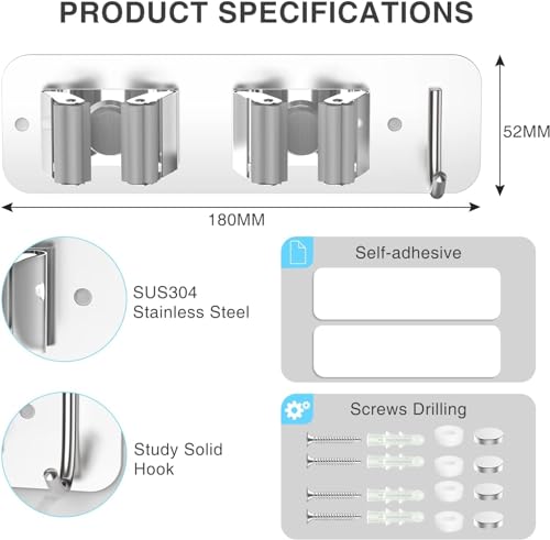 Image of Enclave Stainless Steel Mop and Broom Holder Wall Mounted Adhesive Storage Solutions for Broom mop etc, Garage Storage Systems Broom Organizer. (2 RACK 1 HOOK /SILVER, PACK OF 1)