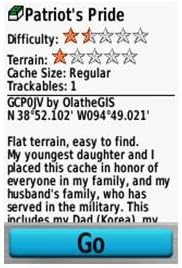 Garmin GPSMAP 62S displaying geocaching details for 'Patriot's Pride', including difficulty, terrain, cache size, coordinates, and a description.