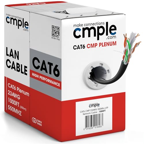 Cmple Cat6 Ethernet Cable 1000ft Plenum CMP 23AWG 550MHz UTP Solid 10Gbps PoE in-Wall Rated Bulk LAN Network Cable DSX-8000 Tested Pull Box - Black