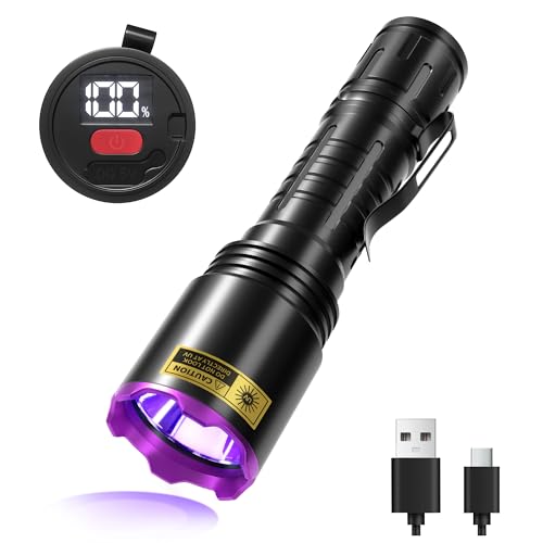 VMTENMV 395nm UV Flashlight Black Light, Rechargeable Blacklight Flashlight with LED Display, 20W Ultra-Bright IP65 Waterproof, for Pet Urine Detection, Resin Curing, Uranium Glass&Leak Detection