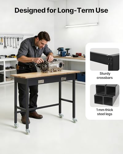 Image of VEVOR 48-inch Workbench, 1500 lbs Load Capacity, Garage Workbench with Drawer Storage & Wheels, Workshop Bench on Wheels, Heavy Duty Oak Wood Top Work Table for Garage, Workshop, Office, and Home