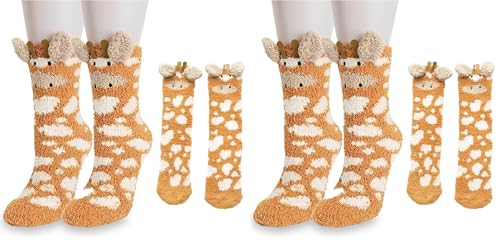 FENQURO Orange Giraffen Socken aus Korallen Samt - Damen Mitte Wade Bodensocken für Herbst und Winter - Niedliche Plüsch Verdickte Warme Hausschuhe