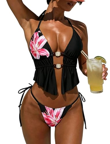 Image of ZAFUL Halter Swimsuits for Women Textured Backless 2 Piece Bathing Suits Cheeky High Cut String Tie Side Bikini Sets