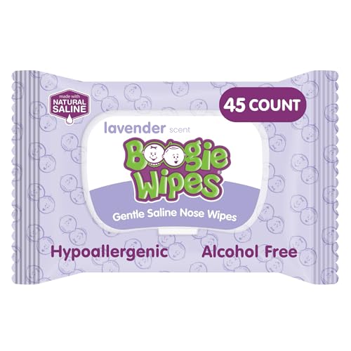 Boogie Wipes Gentle Saline Nose Wipes - 45 Count - Lavender Scent Hypoallergenic & Alcohol-Free - Allergy Relief - Made with Natural Saline Aloe Chamomile & Vitamin E - Diaper Bag Essential