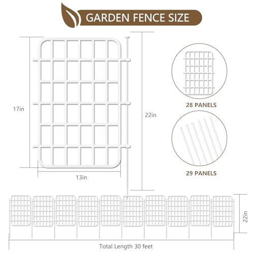 Image of 30ft x 17in Garden Fence Animal Barrier, 28 Panels No Dig Fence Border, Rustproof Metal Decorative Garden Fencing with Ground Stake, Flower Bed Edging Border for Dog, Rabbit, Outdoor Patio, White