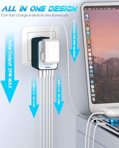 Image of Universal Travel Adapter with 5 USB C /A Ports 30W Fast Charging, 2500W AC Outlet, International Power Adapter for Europe UK Japan, Travel Charger for Phone Laptop, 200+ Countries 10A Safety Fuse