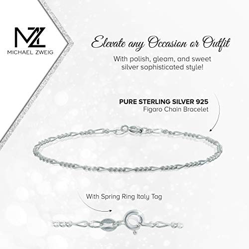 Michael Zweig 925 Sterling Silver Bracelets for Women - Figaro Chain Sterling Silver | 8 in Length, 1.5 mm Thickness with Spring Ring, Italy Tag - Image 6