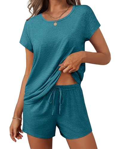 Image of Ekouaer Womens Pajamas Sets Short Sleeve Tops and Shorts Pjs with Pockets | Comfy lounge sets with multiple color options-cozy for home relax, vacation and chic for the street