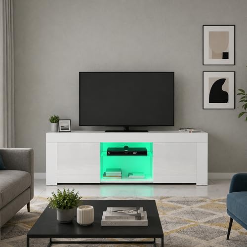 Image of Panana Modern 2 Doors TV Unit Stand 120cm TV Cabinet Sideboard High Gloss Door and Matt Body with RGB LED Lights for Living Room (White)