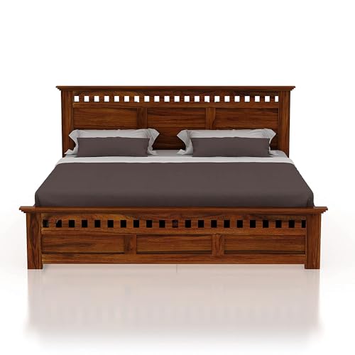 Image of Wooden King Size Bed with Storage | Double Bed Cot Bed with Box Storage for Bedroom & Hotel | Sheesham Wood | Natural Teak Finish | Recommended Mattress Size: 78X72