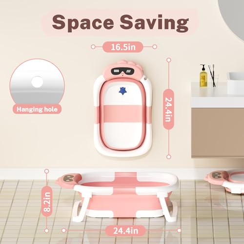 Image of AVIDOR Baby Bathtub,Collapsible Bathtub for Newborn to Toddler,Durable Essential Infant Bath Tub,Portable Travel Baby Tub with Soft Bath Net,No-Slip Feet and Dinosaur Shaped (Pink)