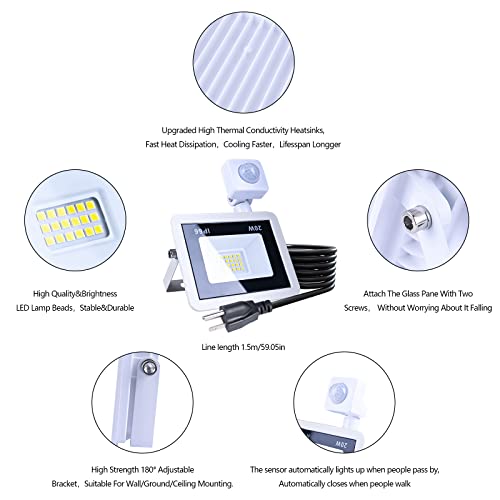 Miwat 20W Plug In Led Motion Sensor Flood Light, Pir Induction Lamp, Dusk To Dawn Outdoor Auto On/Off, 6500K Security Spot Daylight, Ip66 Rainproof Work Light For Garage Yard Patio Porch Doorway Wall thumb #3