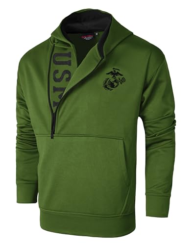 Malham USA Officially Licensed USMC Military Hoodie - X-Large Size Marine Corps Sweatshirt with Embroidered EGA Logo Half-Zip Fleece Pullover in Olive Drab