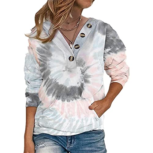 HongYunXn Pull Imprimé Tie Dye pour Femme Bouton De Personnalité De La Mode Pull à Poche Ample Mode Nouveau Pull Tie Dye Gris L Cover