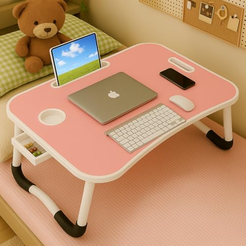 N&S 折りたたみローテーブル ノートパソコンデスク ベッドテーブル ミニテーブル ドリンクホルダー付き 軽量 省スペース 在宅勤務 勉強 食事用 引き出し付き/なし ブラック/ナチュラル/アイボリー/ホワイト (ピンク, 引き出しあり)