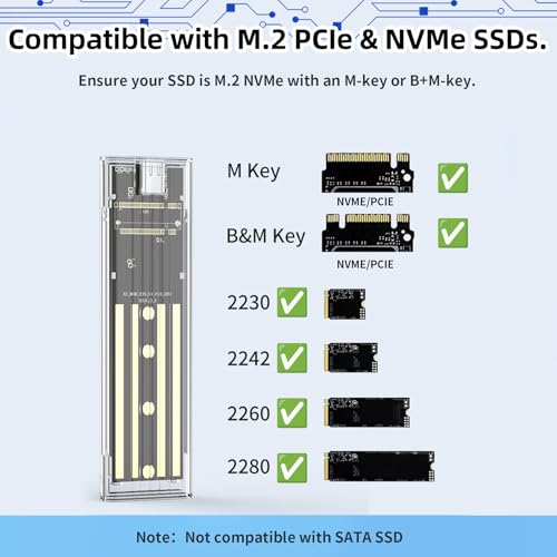 Carcasa M.2 NVMe USB C 10Gbps, Caja Externa SSD M.2 2230/2242/2260/2280 M-Key Transparente con UASP Trim, Adaptador Disco Duro SSD NVMe USB 3.1 Gen2 Plug and Play Compatible Windows Mac Linux Android - imagen 4