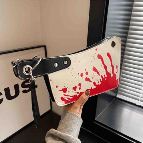 Image of PU Leather Creative Prank Knife Shoulder Bag, Japanese Cartoon Gothic Horror Crossbody Bag, Bloody Axe Chopper Clutch Purse