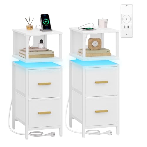 HEXCELEN Table de Nuit, Lot de 2, Table de Chevet Éclairée, 2 Tiroirs et Compartiment Ouvert, Tables d’appoint avec Ports USB et Prises, pour Chambre à Coucher Salon Moderne 30,2 x 24 x 67 cm Blanc