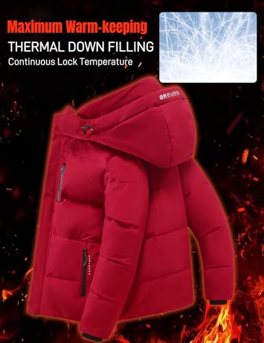 Flygo Puffer Jacket Men Down Jackets Winter Coats Waterproof Thicken Insulated Hooded Quilted Parka Snow Jacket(Red-XL)2