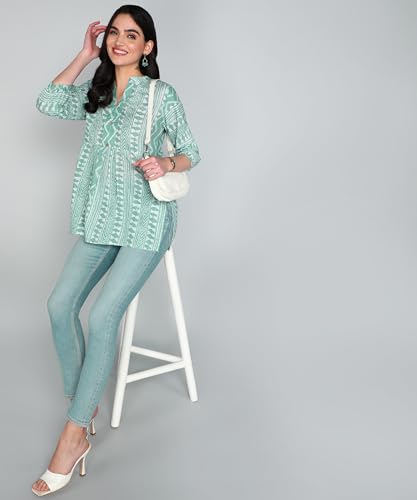 Image of Stylistico Geometric Print Summer Cotton Tunic Western Everyday Regular Fit Full Sleeve v Neck Office Peplum Printed Long Tops for Women Latest