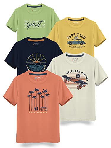 Image of HELLCAT Boys Round Neck Printed Blended Cotton Tshirt -Combo Pack of 2 - Orange /Blue