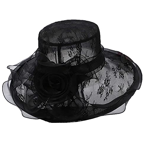 Women Organza Sun Hat Church Kentucky Derby Wide Brim Wedding Formal Fascinator Hat Printed Bucket Hat Travel Beach Sunhat, Black 3 #TOP15