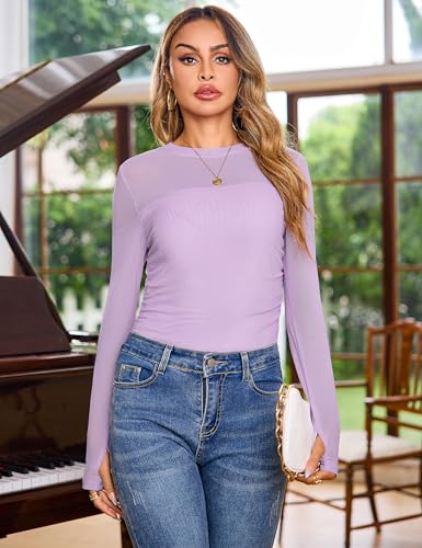 Totatuit Women Mesh Top Sexy Long Sleeve with Thumb Hole Sheer Shirt Crew Neck Double Lined Fitted Top Side Ruched Shirt2