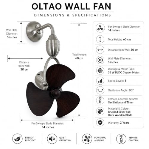Image of OLTAO Nova 16-Inch Designer Wall Premium Deluxe Fan with Wooden Blades - Silent Operation & Oscillation (Metallic Silver)