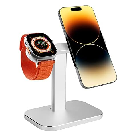 Adjustable Stand for MagSafe Charger/Apple Watch, Aluminium Phone Holder for iPhone 14 Plus 13 12 Pro/Pro Max/Mini and Apple Watch Series SE Ultra (Charger Not Included) (Silver) Cover