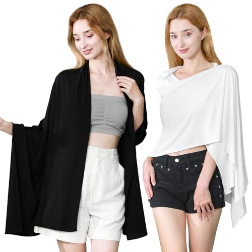 2 Pcs Sun Shawl for Women UV Sun Protection UPF 50+ Beach Travel Shawl Wraps Travel Summer Scarf White Black UV Protection Cover up Clothing for Swimming Outdoor Beach Essentials(Black,White)