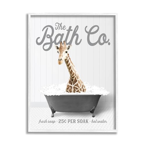 Image of Giraffe Bubble Bath Bathroom Humor, 24 x 30 Inch Framed Giclee Print | Stupell Industries . By Lettered and Lined . Ready to hang once unboxed . Fun gift for bathroom decor . Made in USA