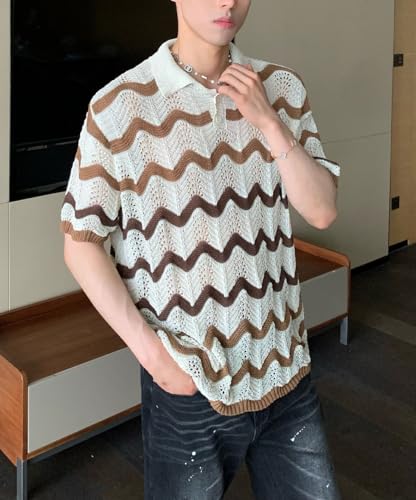 chouyatou Men's Casual Striped Polo Collared T-Shirt Short Sleeve Crochet Knit Blouse Shirts Hollow Out Tops2