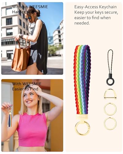 Image of WEESMILE Keychain Wristlet, Stretchy Key Chain for Car Keys with 2 Keyrings and D ring, Cute Wrist Lanyard for Women Men
