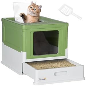 PawHut Caja de Arena Plegable para Gatos Arenero Cerrado para Gatos con Cubierta Desmontable Bandeja Extraíble Techo Abatible Puerta de Entrada y Pala 47,5×35,5×36,7 cm Verde Aguacate y Blanco