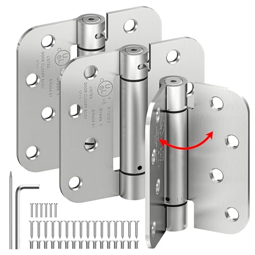 ISOKER 3-Pack Self Closing Door Hinges, 4 Inch Spring Loaded Door Hinges, Adjustable Tension for Exterior,Garage, Front Back Door,Left Right Hand Door, 5/8'' Radius Corners,UL Listed,Brushed Nickel