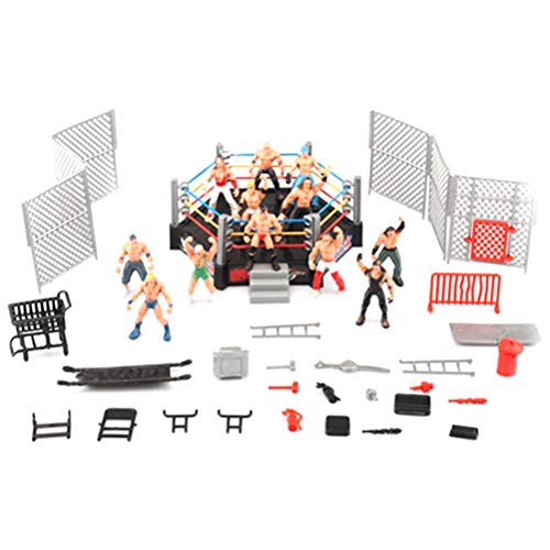 Vikye Ensemble de Jeu de Lutte 32 Pièces, Mini Ensemble de Jeu de Lutteur avec 12 Lutteurs et Anneau à 6 Côtés, Accessoires de Cage D'échelle de Table...