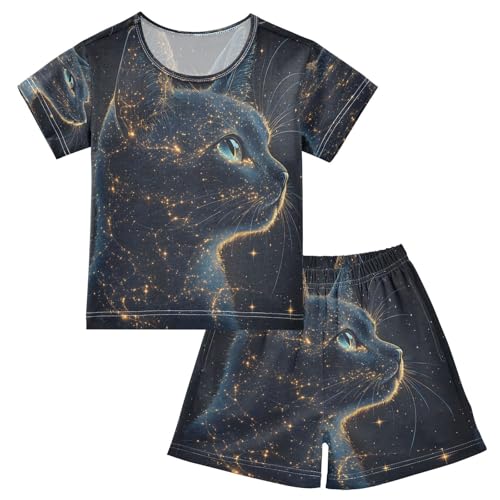 ALAZA Cat Constellation Space Black Pajamas Set Short Sleeve Cotton Sleepwear Summer Pjs 2 Piece 5-14Y
