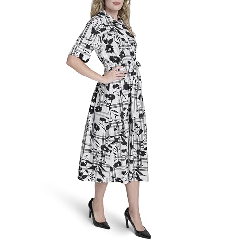 Image of DKNY Women's Short Sleeve Cotton Poplin Collared Midi Shirtdress