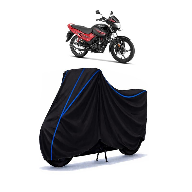 Image of Hero Glamour Drum Bike Cover Water Resistant Universal Motorcycle Rain | Heavy Duty UV Protection, Dust, Scratch Indoor Outdoor All Weather with Black Blue Piping Elastic