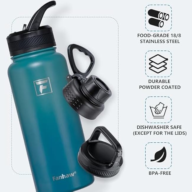 Fanhaw 32 oz Insulated Water Bottle ¨C Portable Stainless Steel Flask with 3 Lids (Straw, Spout, Carabiner) | Leakproof, for Gym, Hiking, Work, Travel & Everyday Use (Green Blue)