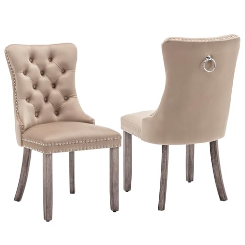 Image of Velvet Dining Chairs, Tufted Kitchen & Dining Room Chairs, Khaki, Set of 2