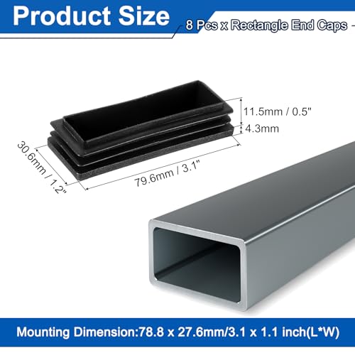 Image of uxcell 8 Pcs Rectangle Tubing End Caps 3 1 /8 x 1 7 /32 Inch Plastic Hole Plugs Insert End Cap for Metal Tubing Post Chair Leg Table Bookshelves Furniture, Black