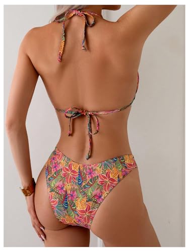 SOLY HUX Women's Triangle Halter Bikini Set Tropical Print Boho Swimsuits Two Piece Bathing Suits2